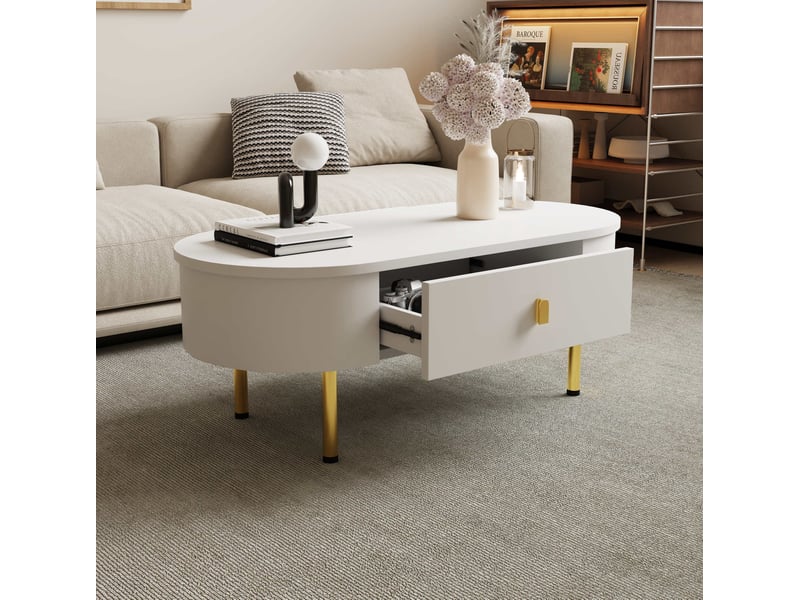  Table basse de salon 108x50x40cm, table ovale, 2 tiroirs, poignées et pieds dorés, style simple, mdf, blanc  - Conforama W
