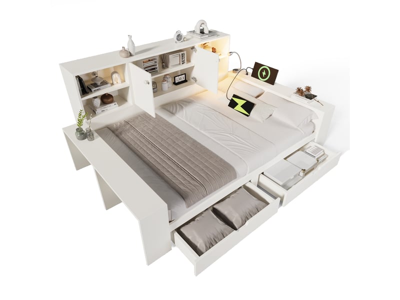 Lit avec rangement 140x200 cm en bois blanc, tiroirs et portes, usbusb-c, lit banquette multifonction gain de place Morn Vibe - Conforama A
