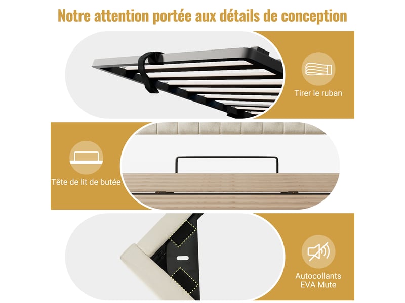  Lit coffre 90x200cm, rangement hydraulique, led, sommier à lattes, lin beige, sans matelas C-DEGAYUN - Conforama E