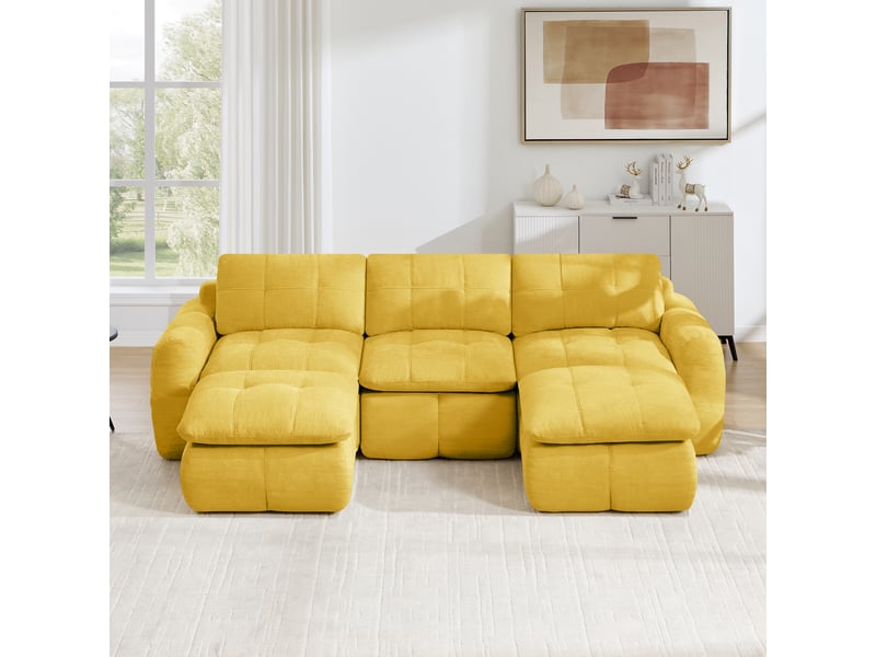 Canapé d'angle en u 3 places sans cadre, canapé modulaire, housse chenille douce, mousse 32d, sans montage, 2 poufs, jaune - Conforama B