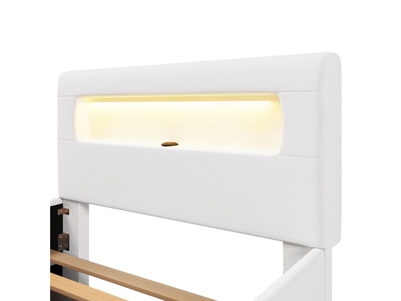 Lit rembourré 90 x 200 cm escalier intégré tiroirs de rangement éclairage led ports usb poches de rangement blanc  - Conforama D