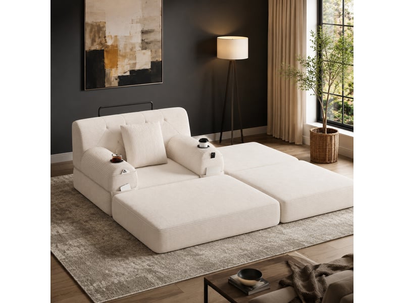  Fauteuil-lit convertible 1 place avec dossier haut, 4 poches et 2 porte-gobelets en velours côtelé beige  - Conforama B