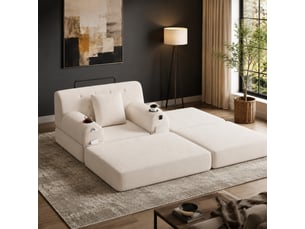 Fauteuil-lit convertible 1 place avec dossier haut, 4 poches et 2 porte-gobelets en velours côtelé beige