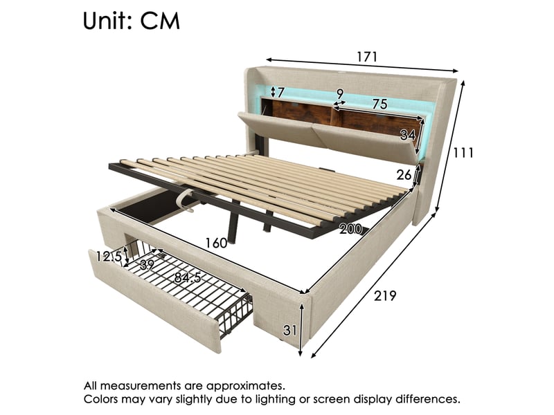  Lit avec rangement 160x200 cm beige en lin, tête de lit led, usb et usb-c, coffre hydraulique, matelas  - Conforama C