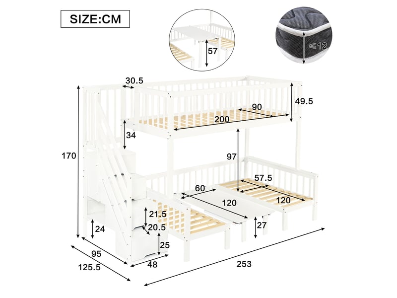  Lit superposé enfant blanc avec bureau rabattable, escalier coffre, 90x200 et 120x200 cm  - Conforama C