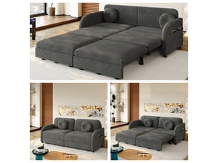 Canapé convertible 2 places 3-en-1, canapé-lit queen size avec poches latérales, coussins mobiles, tissu chenille gris, 166 x 84 x 90 cm
