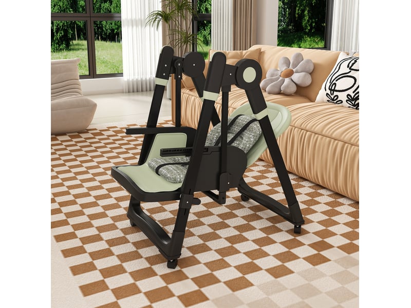  Chaise haute 2-en-1, fonction balancelle, plateau amovible, dossier inclinable, roues freinées, en polypropylène vert foncé  - Conforama C