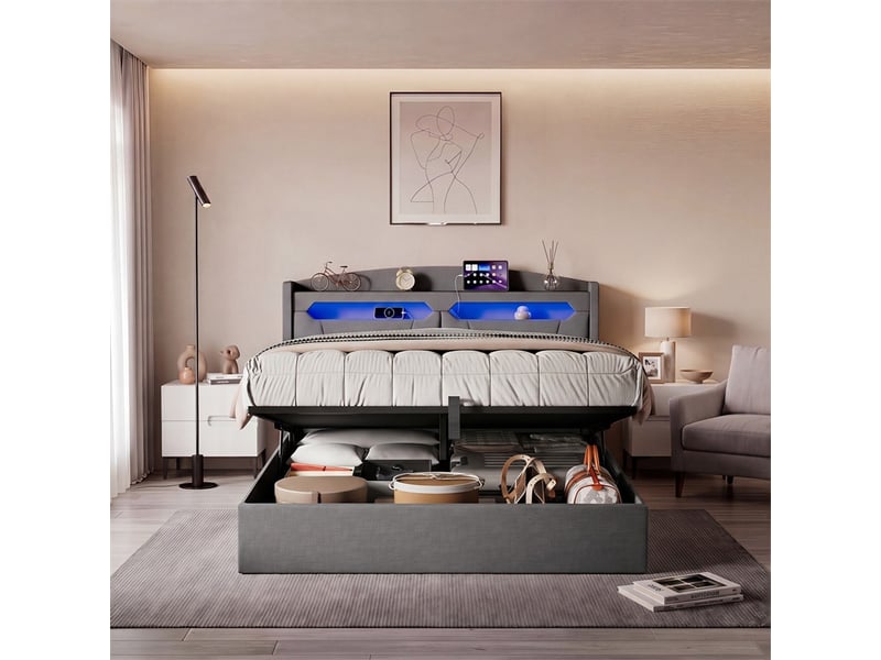  Lit 140x190cm - lit coffre 140x190cm - tête de lit de rangement led et sommier relevable - lin gris clair  - Conforama C