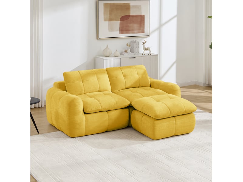 Canapé d’angle modulable 2 places 194x160x68cm, sans montage, design à carreaux, ottomane incluse, chenille, jaune - Conforama E