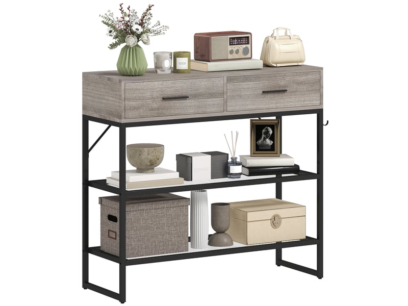  Console d'entrée avec 2 tiroirs, 2 étagères et crochet latéral, en bois et métal, 100 x 35 x 92 cm, noir et bois  - Conforama A