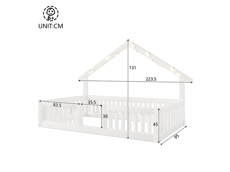  Lit cabane enfant modenvie 90 x 200 cm avec barrière de sécurité led mdf et pin blanc  - Conforama C