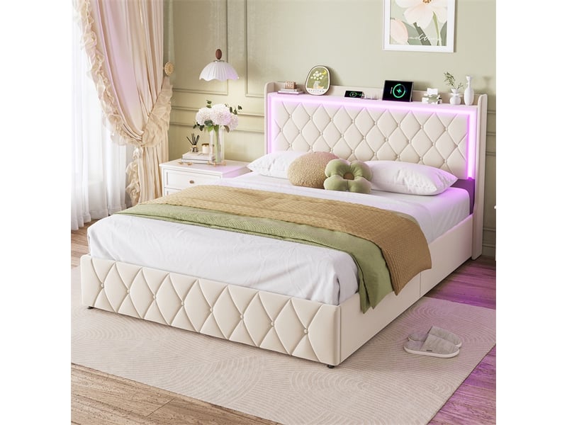Lit 160x200cm - lit coffre 160x200cm - lit avec tête de lit en velours, coffre pneumatique, led rvb et station de charge - beige - Conforama D