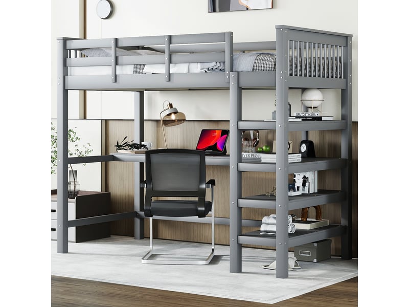  Lit mezzanine enfant avec bureau et étagères, lit mezzanine 90x200 gris en bois massif, lit mezzanine sans matelas, 207x99x169.5cm.  - Conforama B