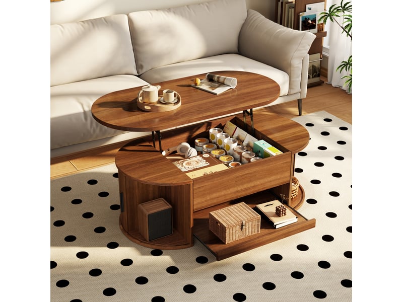  Table basse relevable en mdf – noyer – rangements dissimulés et portes coulissantes – 110 x 55 x 55 cm  - Conforama B