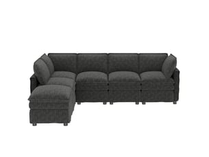 Canapé modulable forme u ou l combinable pouf mobile double coussin d’assise design passepoilé moderne revêtement chenille gris