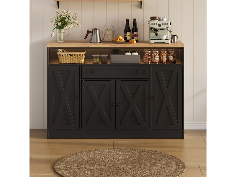  Buffet avec led rgb, 4 portes style grange, tiroir et étagères, meuble mdf 140x35x95cm pour salon et salle à manger - noir  - Conforama B