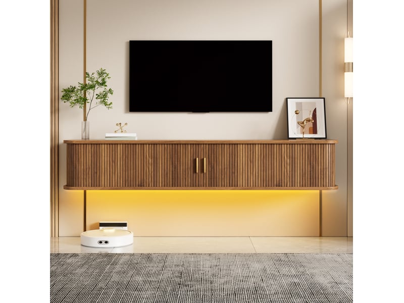  Meuble tv mural avec 2 portes coulissantes, tiroir, étagères réglables, led pour salon, mdf noyer, 175 × 30 × 30 cm  - Conforama C