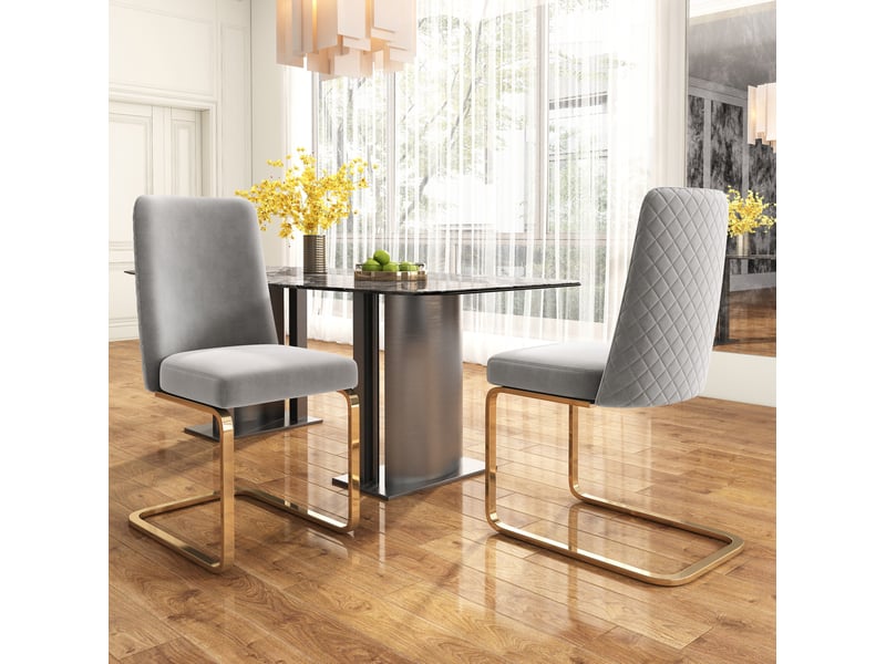  Chaise de salle à manger lot de 6 avec dossier à losanges et pieds métalliques dorés en velours gris  - Conforama E