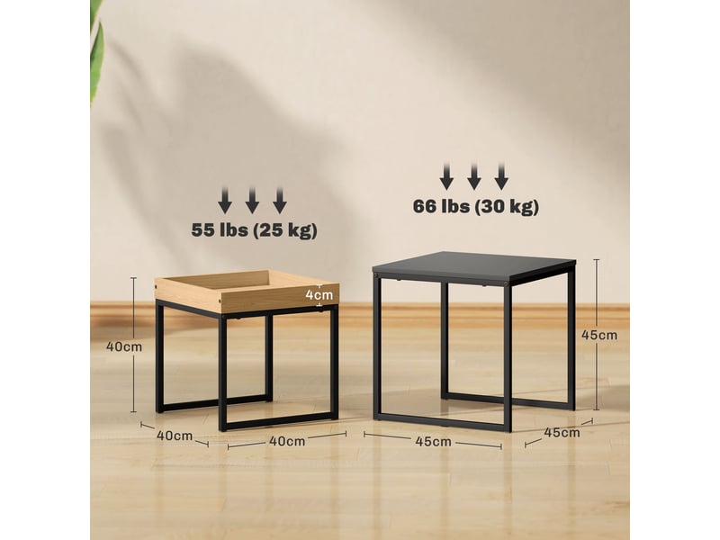  Lot de 2 tables basses gigognes carrées, tables gigognes de salon avec cadre en acier, noir, style moderne  - Conforama C