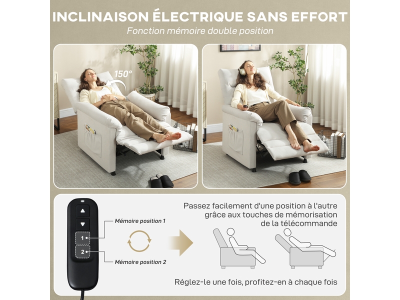Fauteuil massant chauffant inclinable poches rangement port usb intégré velours grège - Conforama E