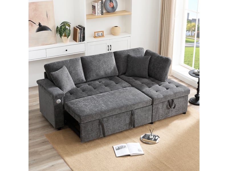  Canapé d'angle 3-4 places 209x130cm - canapé-lit gigogne rangement usb - tissu chenille - beige  - Conforama E