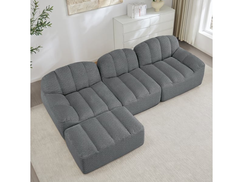  Canapé modulable en l 3 places 288x165x79 cm, polaire granuleux, mousse 32d, avec pouf, gris  - Conforama D