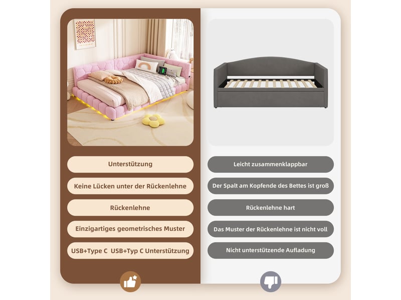  Canapé lit rose lit de jour 140x200 avec led 16 couleurs et ports usb  - Conforama W