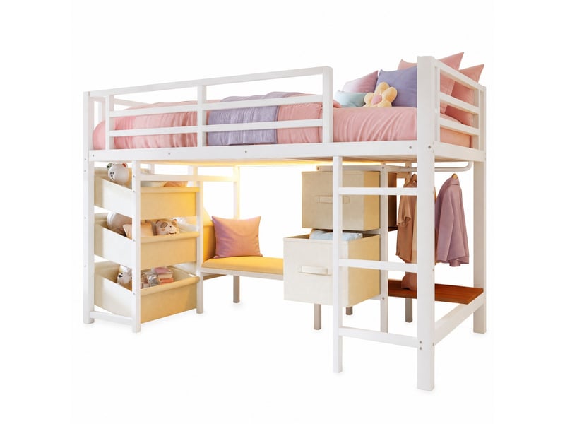 Lit mezzanine 200×90 cm avec rangement textile, éclairage led multicolore et coussin d’assise, sans matelas, en métal  - Conforama A