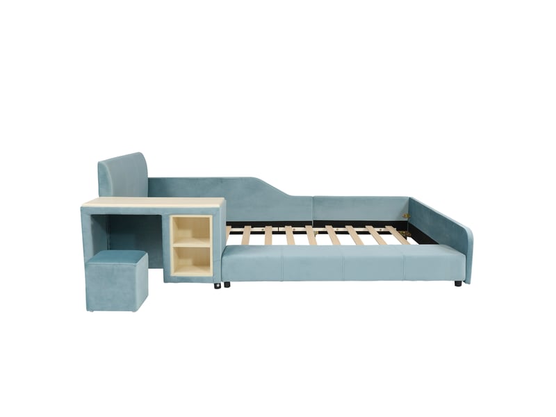  Lit enfant 90x200 cm en velours bleu avec bureau, tabouret et rangement  - Conforama R