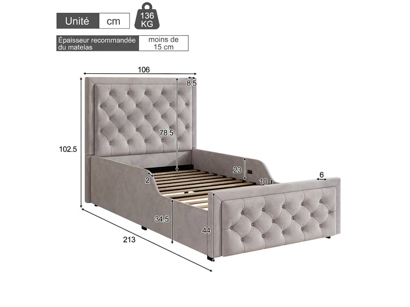  Lit enfant 90x200 lit coffre avec rangement velours gris sommier inclus  - Conforama C