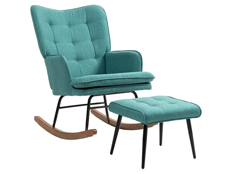  Fauteuil à bascule avec repose-pieds, assise large, dossier haut, imitation lin, vert menthe  - Conforama B