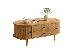 Table basse ovale avec 2 tiroirs et portes coulissantes, rangement fermé, style moderne rétro pour salon en mdf, chêne