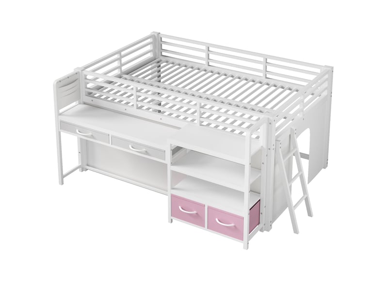 Lit mezzanine métal 140x200 cm - avec bureau et 4 tiroirs - étagères et éclairage led - barrières de sécurité - blanc(sans matelas) - Conforama W