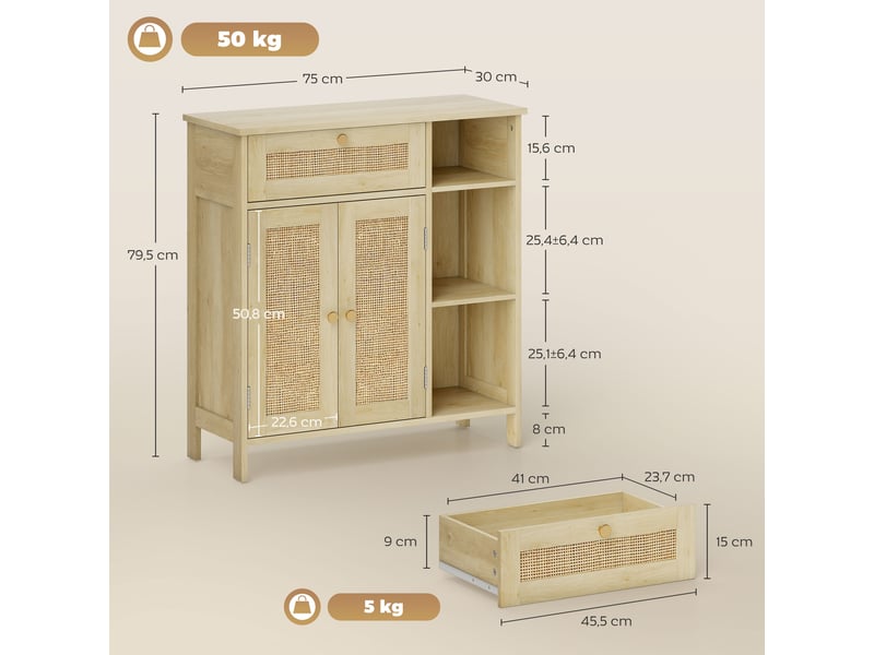  Buffet, meuble de rangement, 2 portes en rotin, tiroir, niches ouvertes, 75x30x79,5cm, étagères réglables, bois naturel  - Conforama C