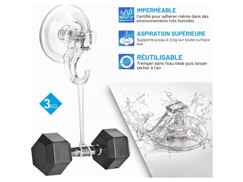Lot de 4 ventouses avec crochet pour maison, 3 kg transparent | crochets à ventouse: pour salle de bains, cabine de douche, cuisine - Conforama B