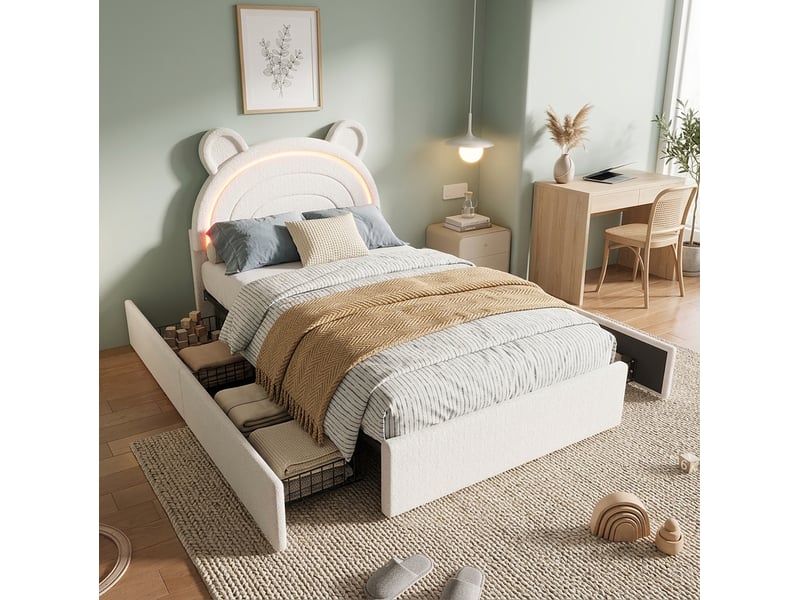 Lit enfant 90 x 200 cm beige en velours, tête de lit ours led pilotée par application et 4 tiroirs - Conforama B