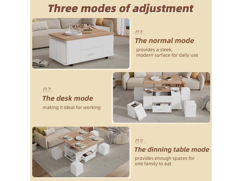  Table basse, à plateau relevable, convertible avec 4 tabourets, avec 1 tiroir, 100 x 50 x h 45 cm, blanc et bois, rangement pratique, pour votre salon Luxe haut de gamme - Conforama D