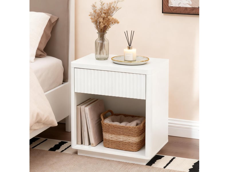 Table de chevet moderne avec tiroir et étagère ouverte, table de chevet en panneau ondulé, meuble d'appoint en bois mdf robuste pour chambre à coucher salon bureau – montage facile  - Conforama B