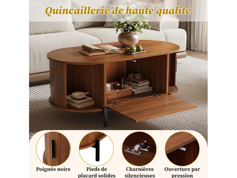  Table basse ovale avec 3 portes coulissantes et rangement en rotin, pieds métal, pour salon, 100 × 50 × 40 cm  - Conforama E