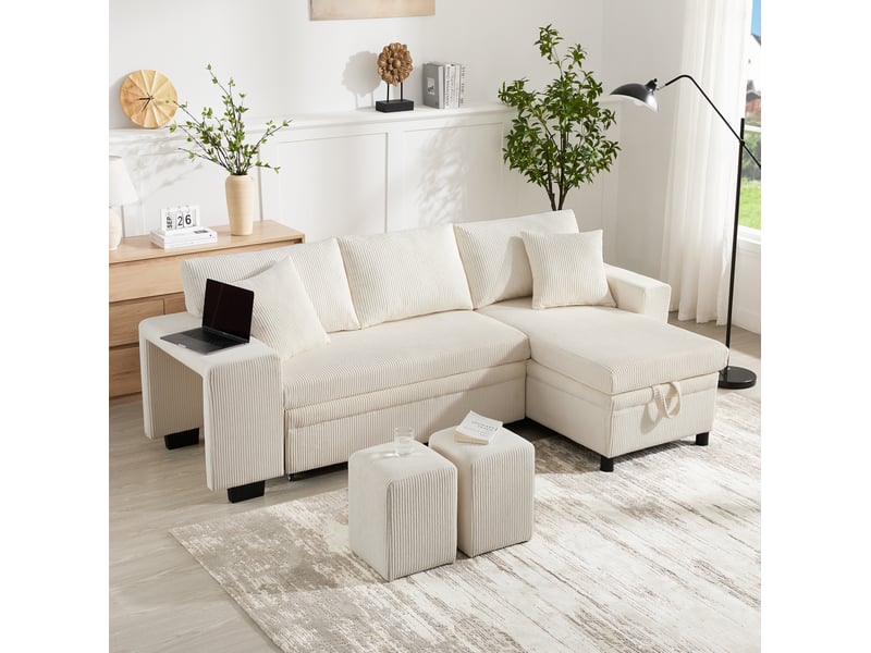  Canapé d'angle convertible modenvie 3 places velours côtelé beige rangement usb type-c 231 x 131,5 x 84 cm  - Conforama B