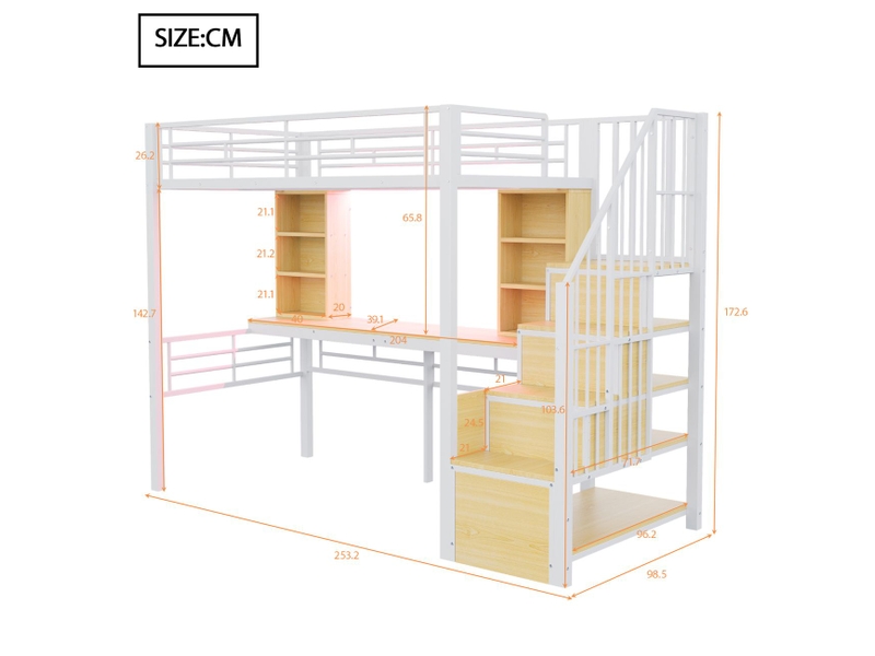  Lit mezzanine 90x200 cm - avec bureau et led - lit simple - escalier avec rangement, prises, barrière de sécurité, métal blanc  - Conforama C