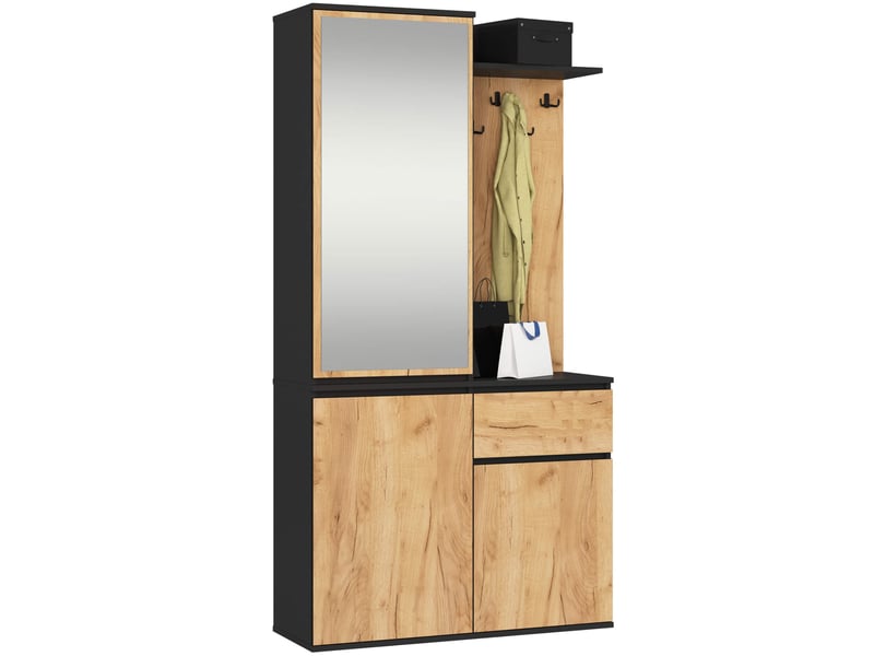  Ensemble de meubles d'entrée entro noir, chêne craft avec armoire et miroir 95 cm 3 portes 1 tiroir 7 étagères 95x35x183 cm Ensemble d'entrée ENTRO - Conforama A