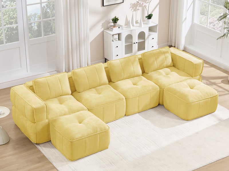  Canapé d'angle modulable 4 places en polyester, forme u avec 2 poufs, jaune  - Conforama B