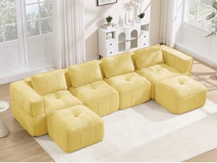 Canapé d'angle modulable 4 places en polyester, forme u avec 2 poufs, jaune