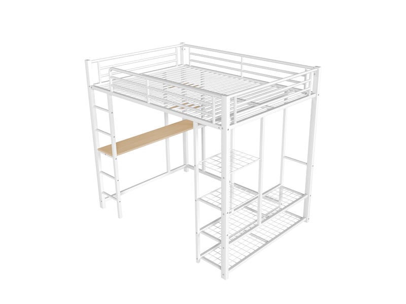 Lit mezzanine enfant 140x200 cm, table, étagère, garde-corps, sommier, métal blanc, sans matelas - Conforama E