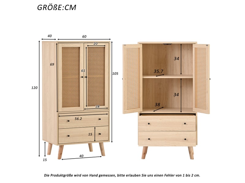 Buffet haut chêne clair avec 2 portes et 2 tiroirs, 60 x 40 x 120 cm - Conforama E