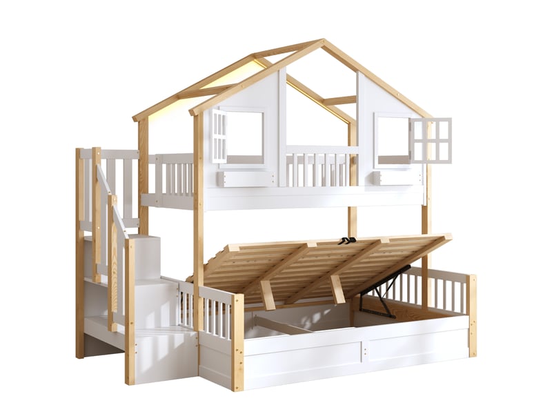 Lit superposé enfant 90×200 + 140×200 cm coffre, led et escalier de rangement - sans matelas, pin - blanc - Conforama A