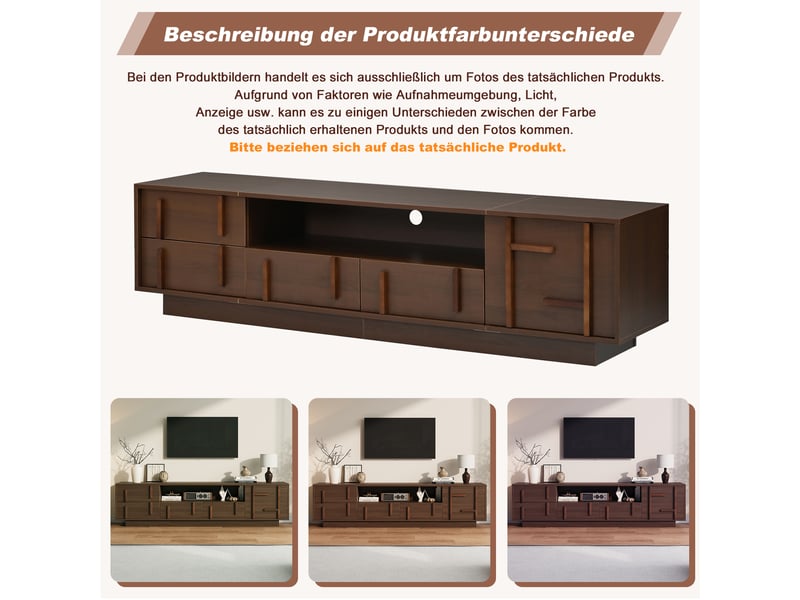  Meuble tv avec 4 tiroirs, 1 porte, 2 niches et passe-câbles pour salon, téléviseur jusqu’à 75 pouces, noyer 180×40×45 cm  - Conforama E