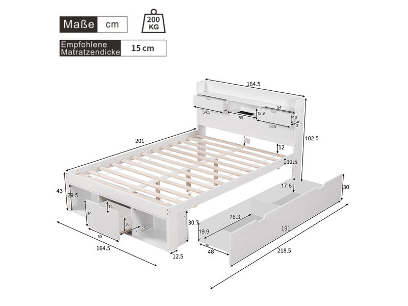  Lit double, 160 x 200 cm, avec port usb, tiroirs et armoire de rangement, lit enfant, lit ado, lit multifonctionnel, grand espace de rangement, sans matelas, blanc  - Conforama C
