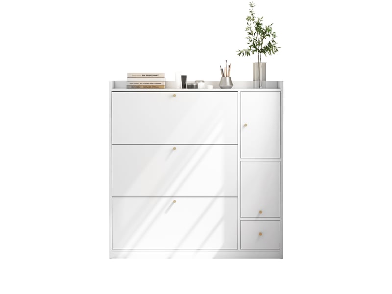  Meuble à chaussures basculant - meuble d’entrée avec 3 tiroirs et rangement intégré - banc multifonction pour couloir ou entrée - blanc - 119x24x122 cm  - Conforama D